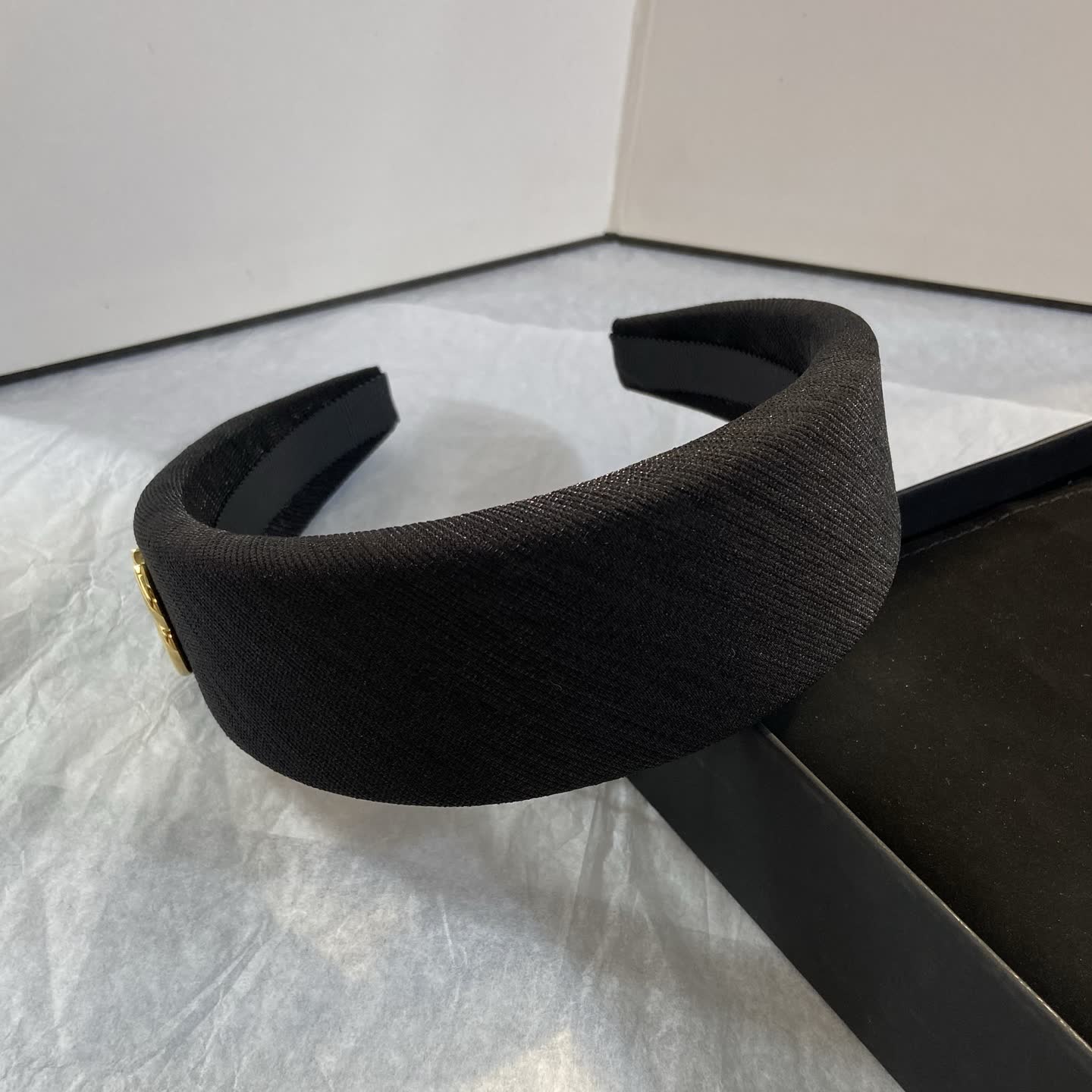 Chanel Black Satin Headband with Gold Logo